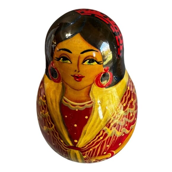 Matryoshka Roly Poly Bell Doll Hand Painted Wooden 5 1/4" Red Gold Folk Art - Picture 7 of 7